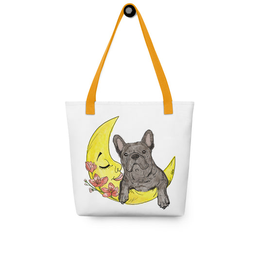 Lorienn Pet Snaps Tasche "love you to the moon and back" mit Frenchie Danny mit gelben Griffen